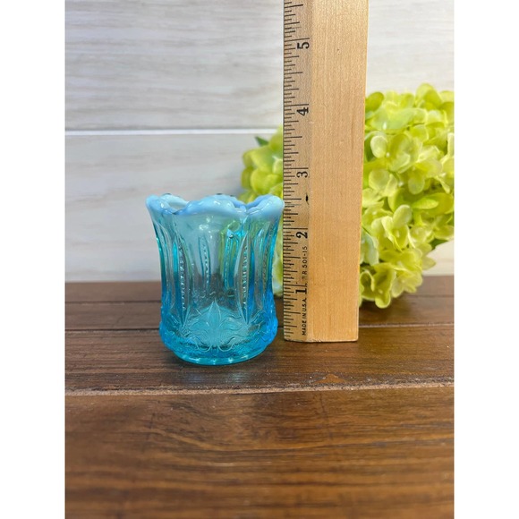 Antique Jefferson Blue Opalescent Glass Iris and Meander Toothpick Holder - Picture 5 of 5